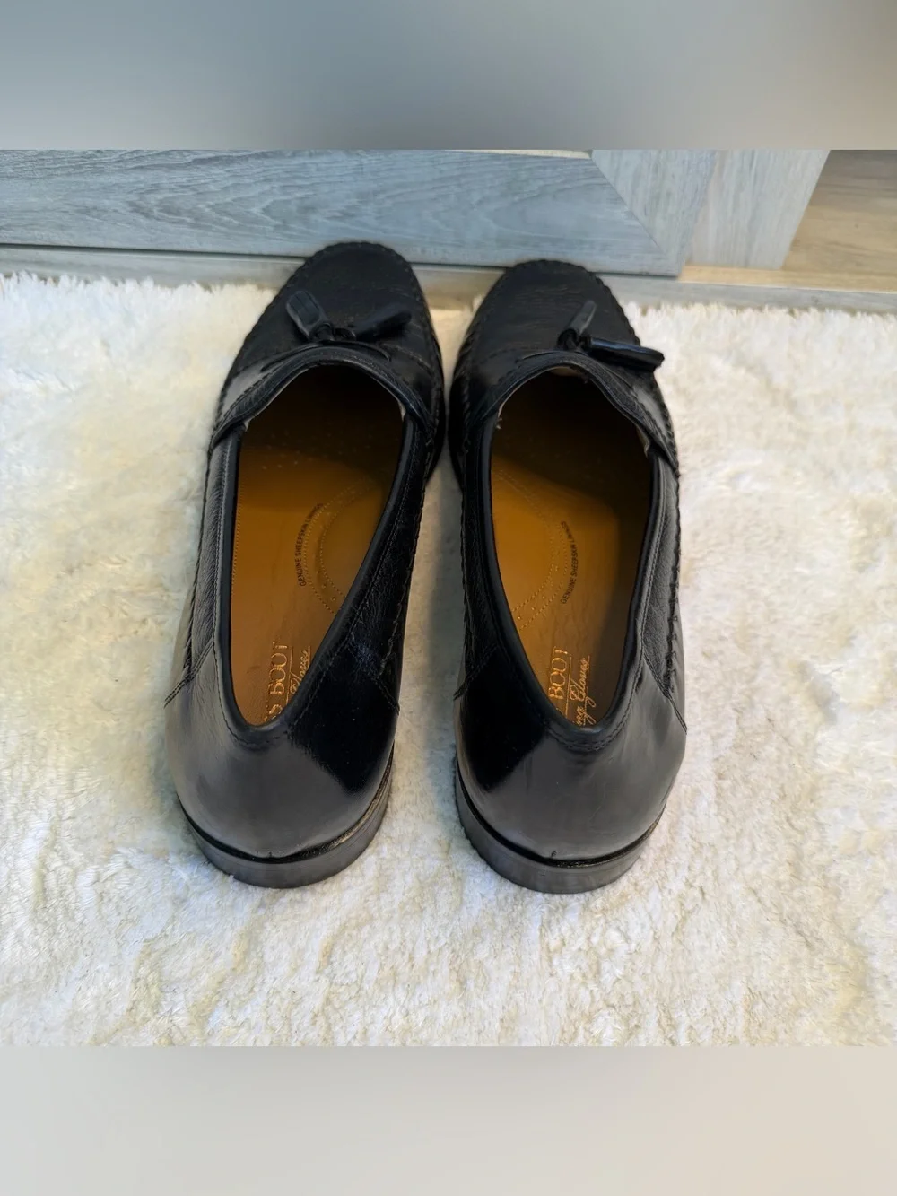 Brass Boot Loafers Black Leather Tassel Moc Round Toe Shoes Size 11.5